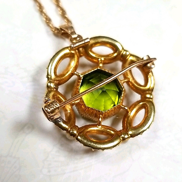 Vintage 14k Gold Cultured Pearl and Peridot Pendant Brooch Combo Necklace - Picture 15 of 16